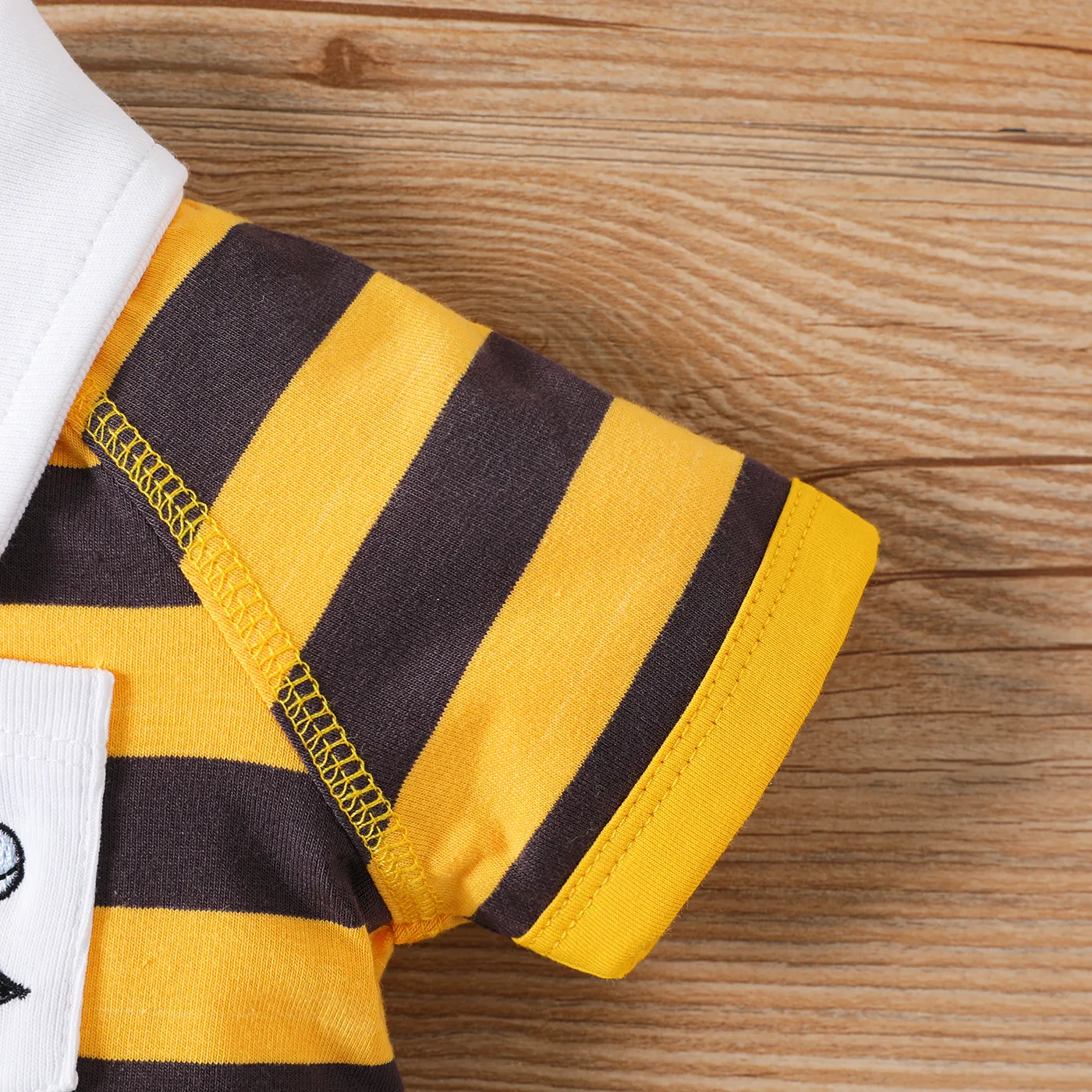Baby Boy 95% Cotton Stripe Polo Collar Animal Embroidered Short-sleeve Romper TenderYellow image 4