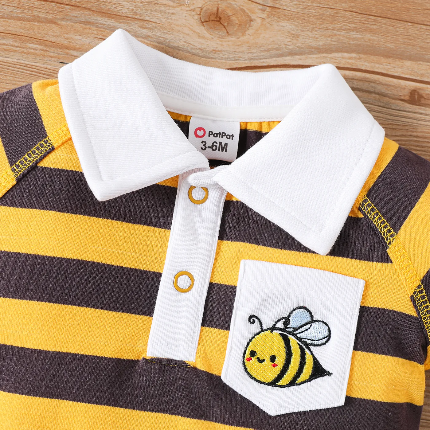 Baby Boy 95% Cotton Stripe Polo Collar Animal Embroidered Short-sleeve Romper TenderYellow image 3