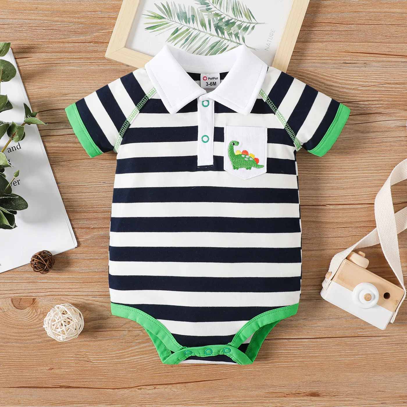 Baby Boy 95% Cotton Stripe Polo Collar Animal Embroidered Short-sleeve Romper Deep Blue