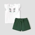 2pcs Toddler Girl 100% Cotton Butterfly Embroidered Ruffled Sleeveless Tee and Belted Shorts Set Green