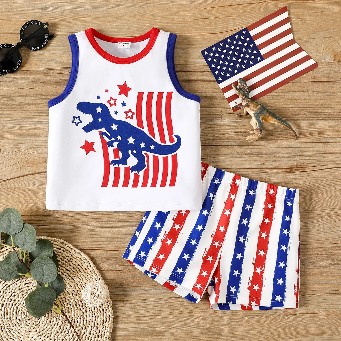 Independence Day 2pcs Toddler Boy Dinosaur Print Naia™ Tank Top & Shorts Set Colorful big image 1