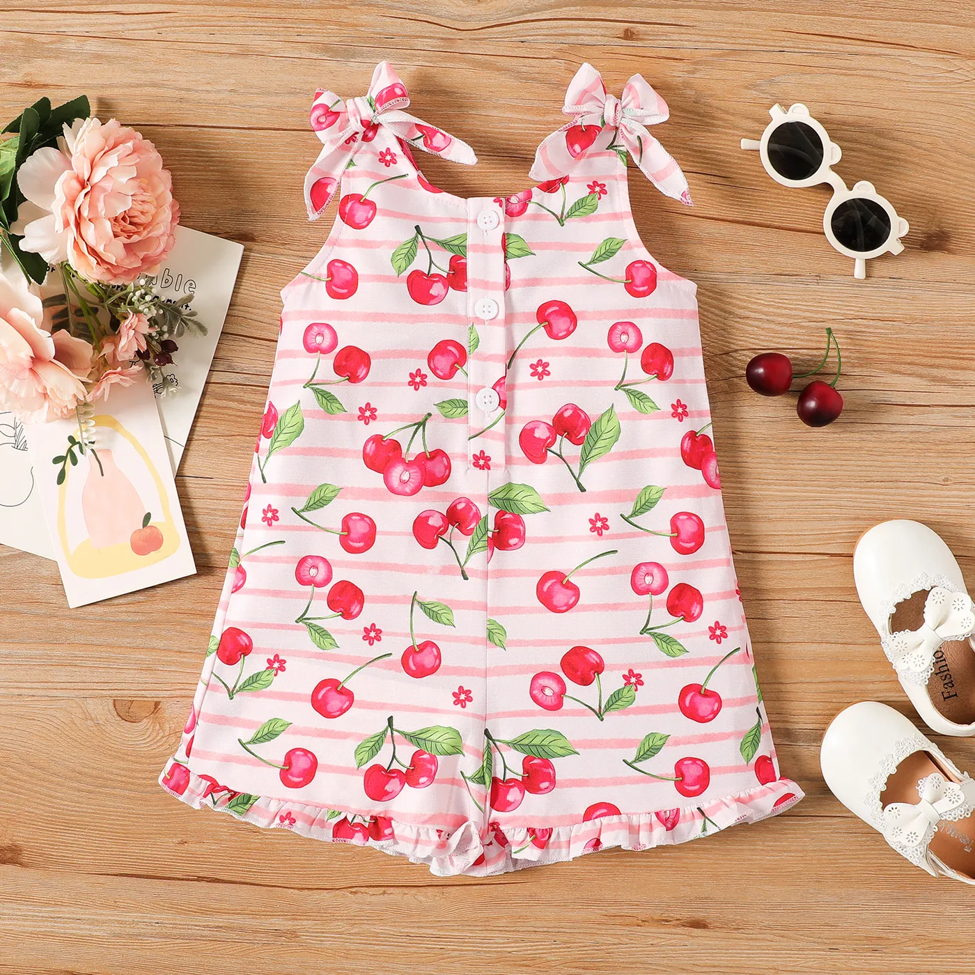 Toddler Girl Cherry Print Striped Button Bowknot Design Sleeveless Rompers Colorful big image 1