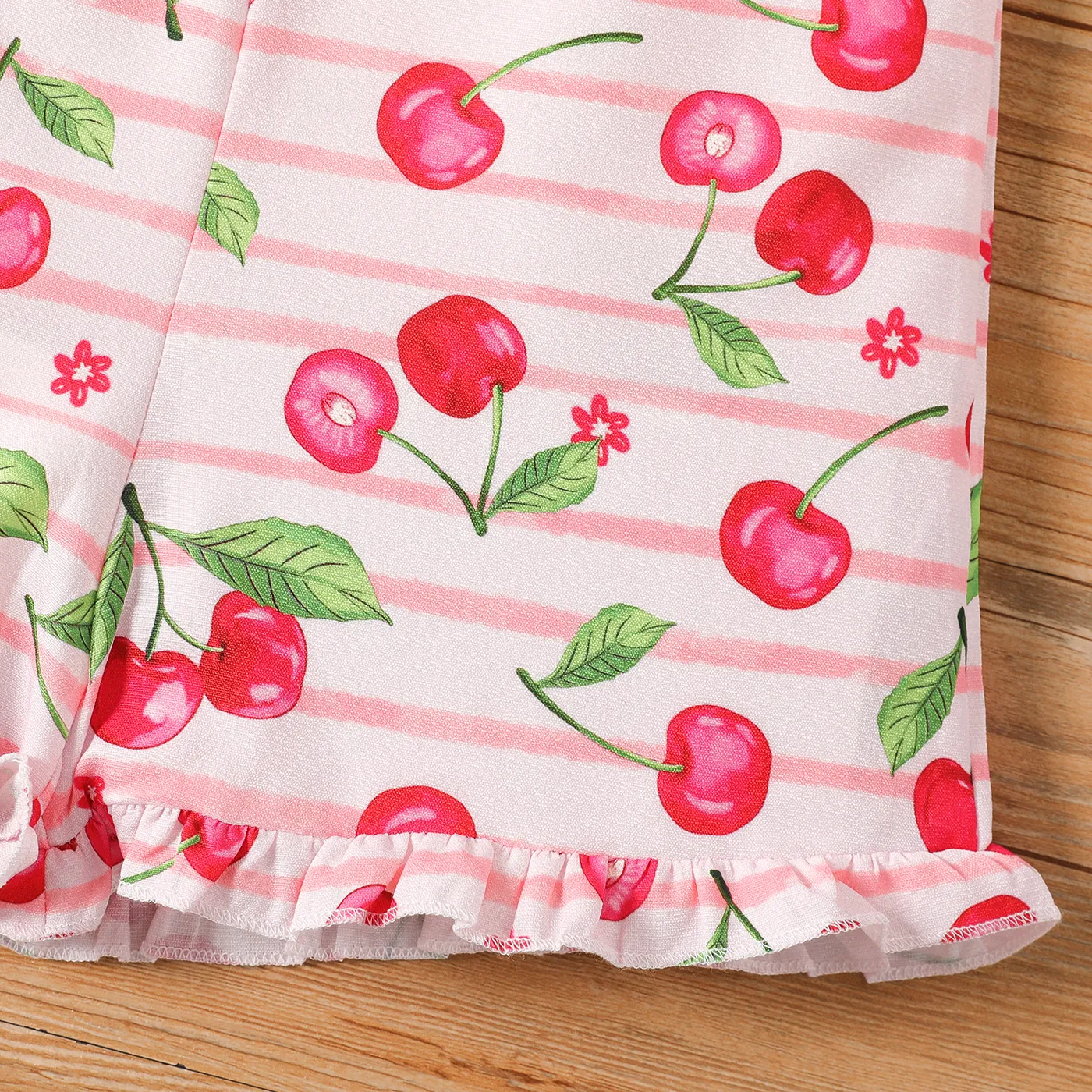 Toddler Girl Cherry Print Striped Button Bowknot Design Sleeveless Rompers Colorful image 5