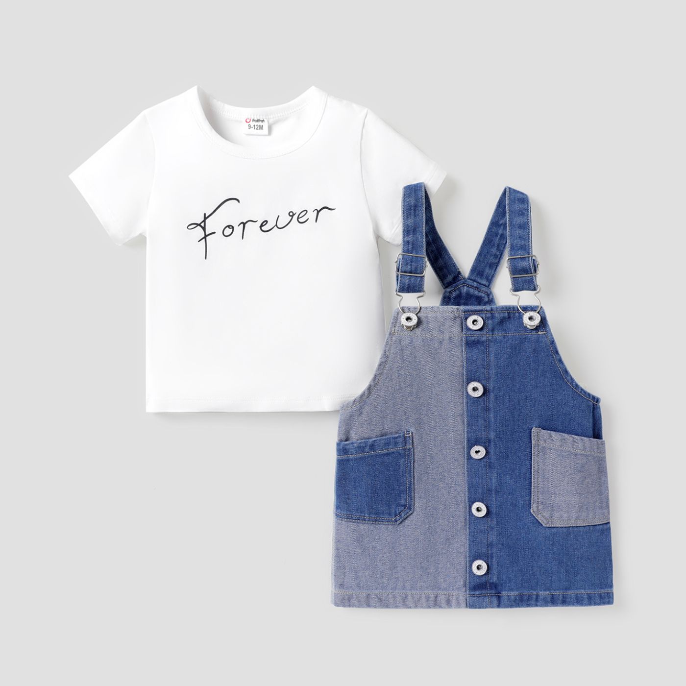 2pcs Baby Girl Cotton Letter Print Short-sleeve Tee and Colorblock Denim Overall Dress Set