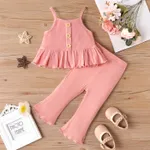 2pcs Baby Girl Button Front Solid Cotton Ribbed Ruffle Hem Cami Top and Flared Pants Set Pink