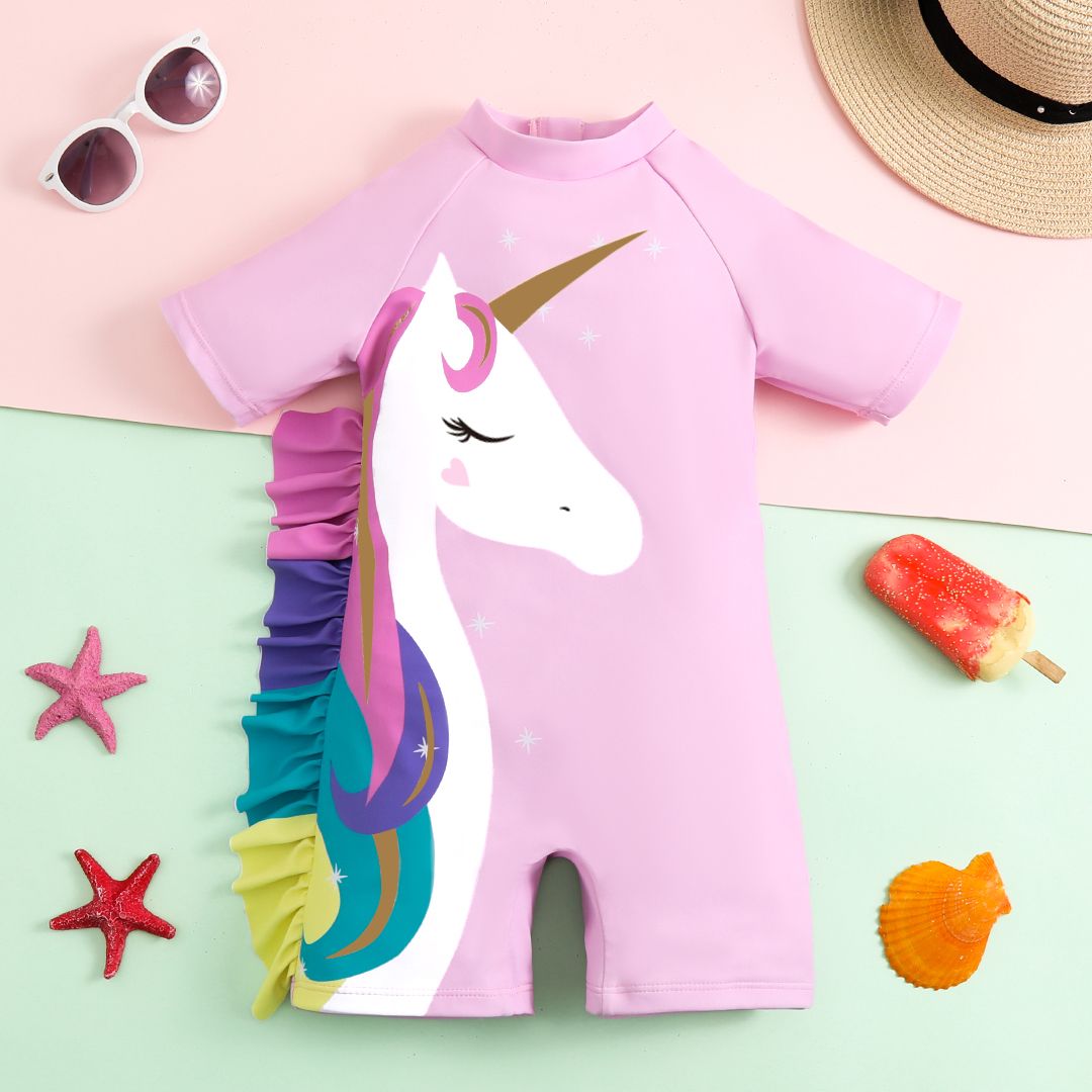 Toddler Girl Playful Ruffled Unicorn Print Onepiece Swimsuit