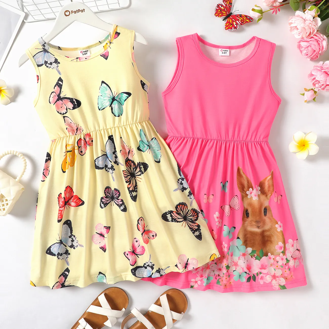 Easter Kid Girl Bunny Butterfly Print Sleeveless Dress Pink big image 1