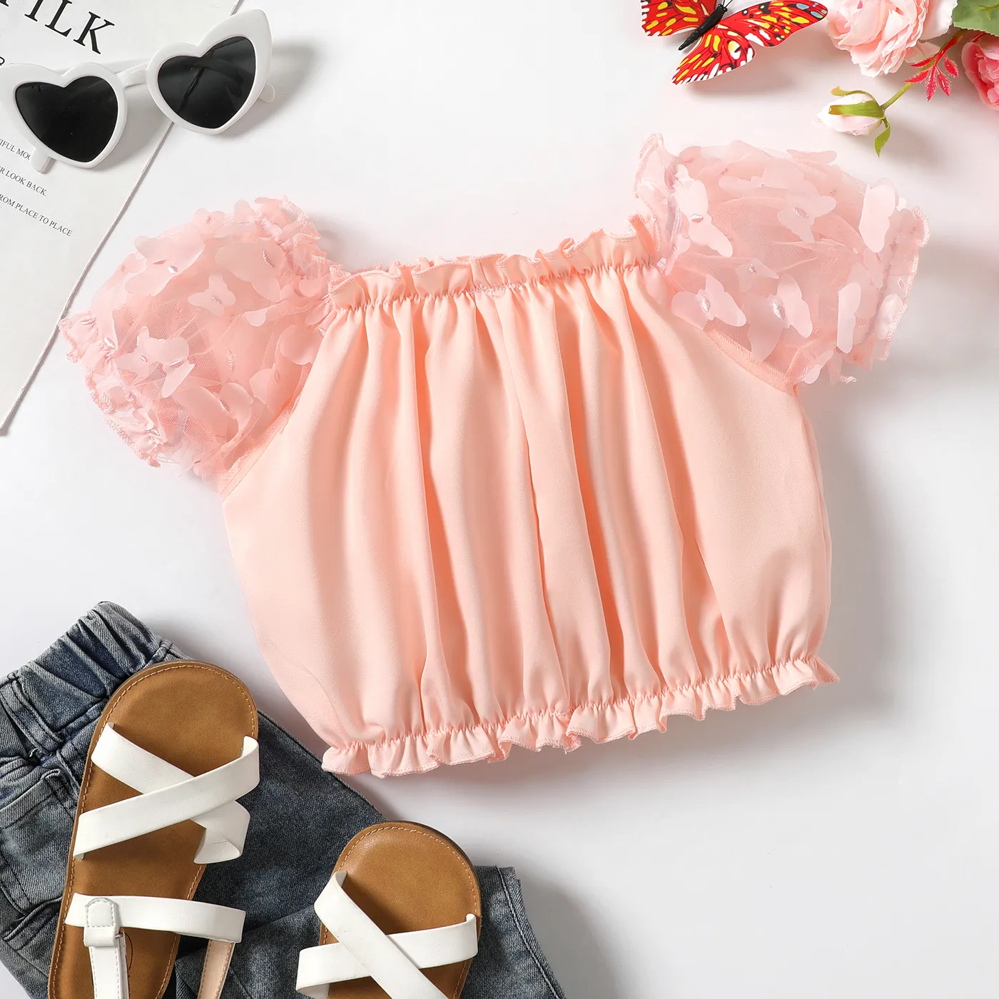 

Kid Girl Butterfly Appliques Off-Shoulder Mesh Sleeve Blouse / Heart Glitter Design Mesh Skirt