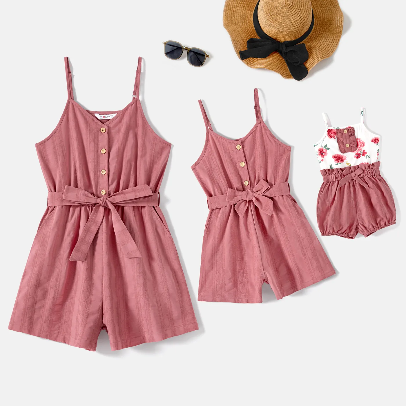 Mommy and Me 100% Cotton Button Front Belted Cami Rompers PINK-1 image 2
