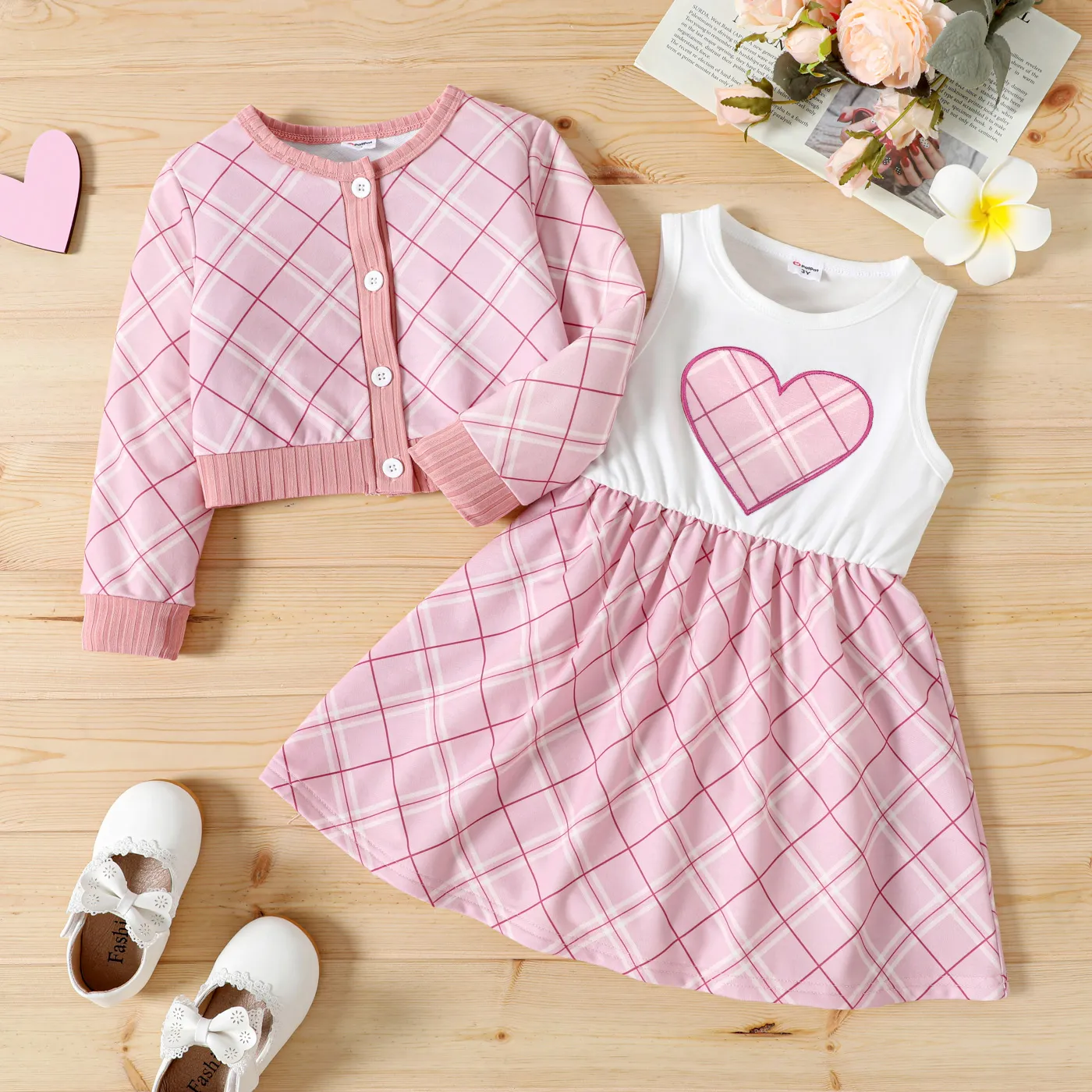 2-piece Toddler Girl Plaid Long-sleeve Coat Cardigan and Heart Sleeveless Tank Dress Set  big image 1