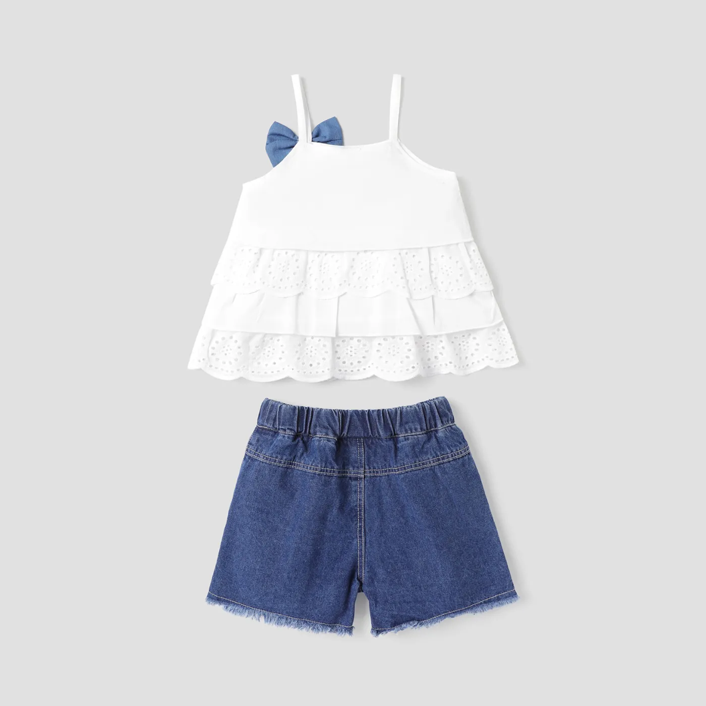 2pcs Toddler Girl Bowknot Design Schiffy Design Camisole and Ripped Denim Shorts Set White image 2