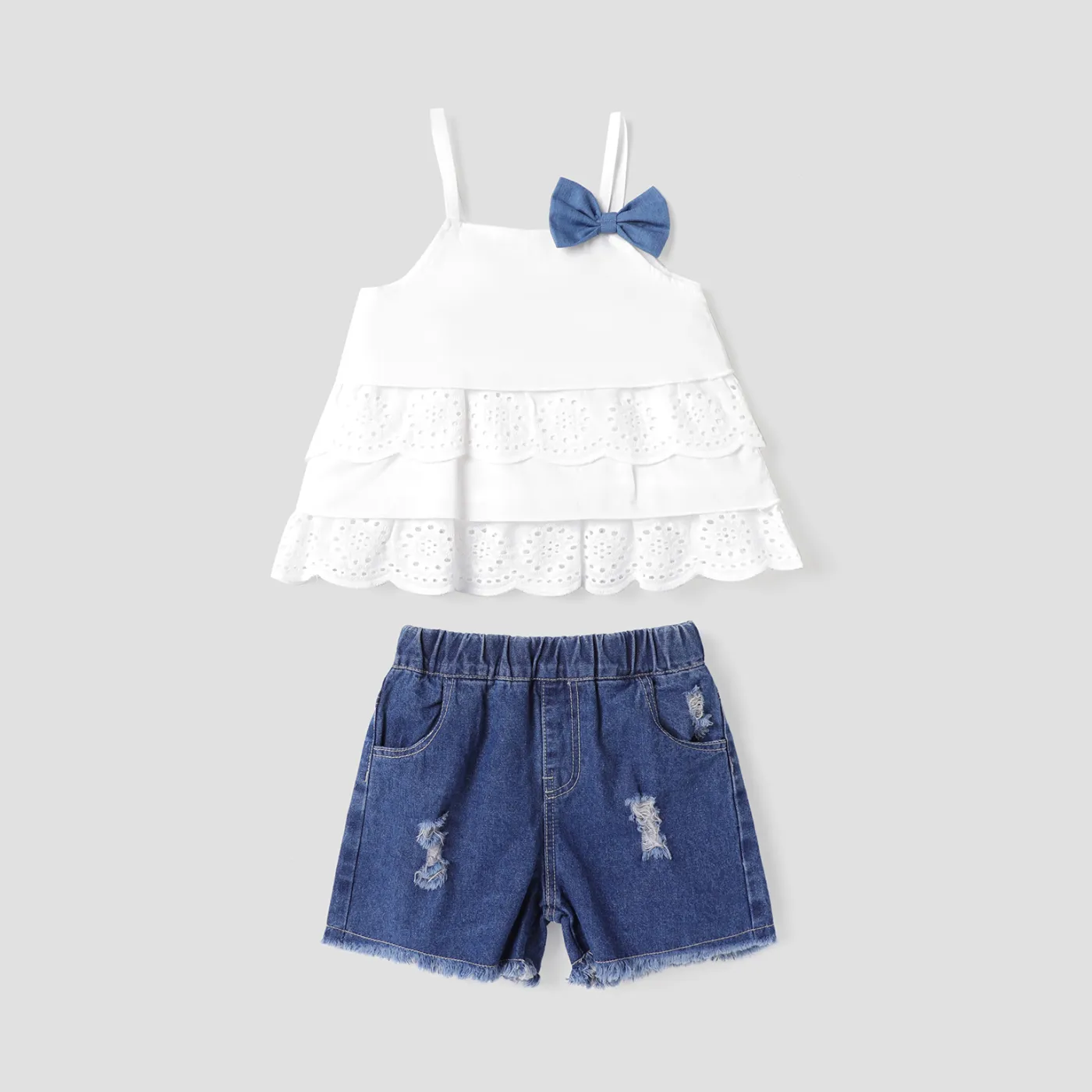 2pcs Toddler Girl Bowknot Design Schiffy Design Camisole and Ripped Denim Shorts Set White big image 1
