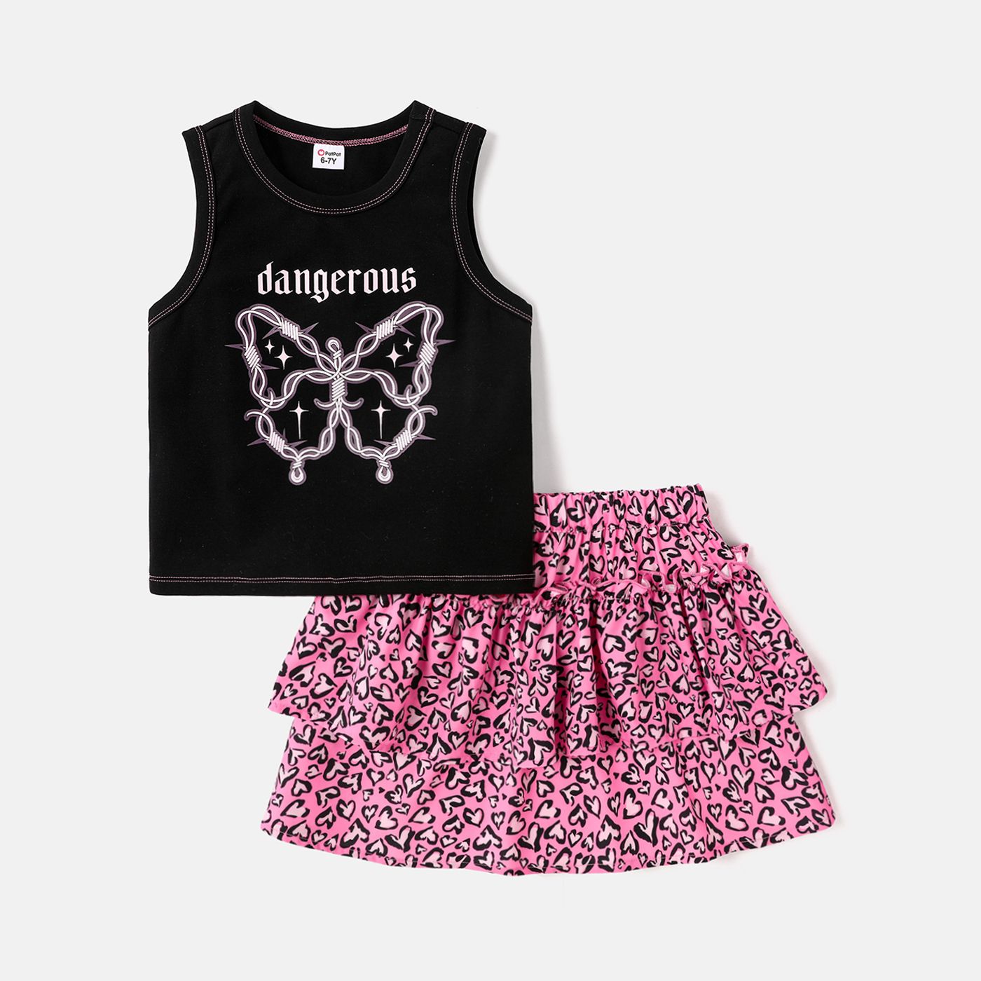 

2pcs Kid Girl Butterfly Print Sleeveless Tee and Leopard Print Layered Skirt Set