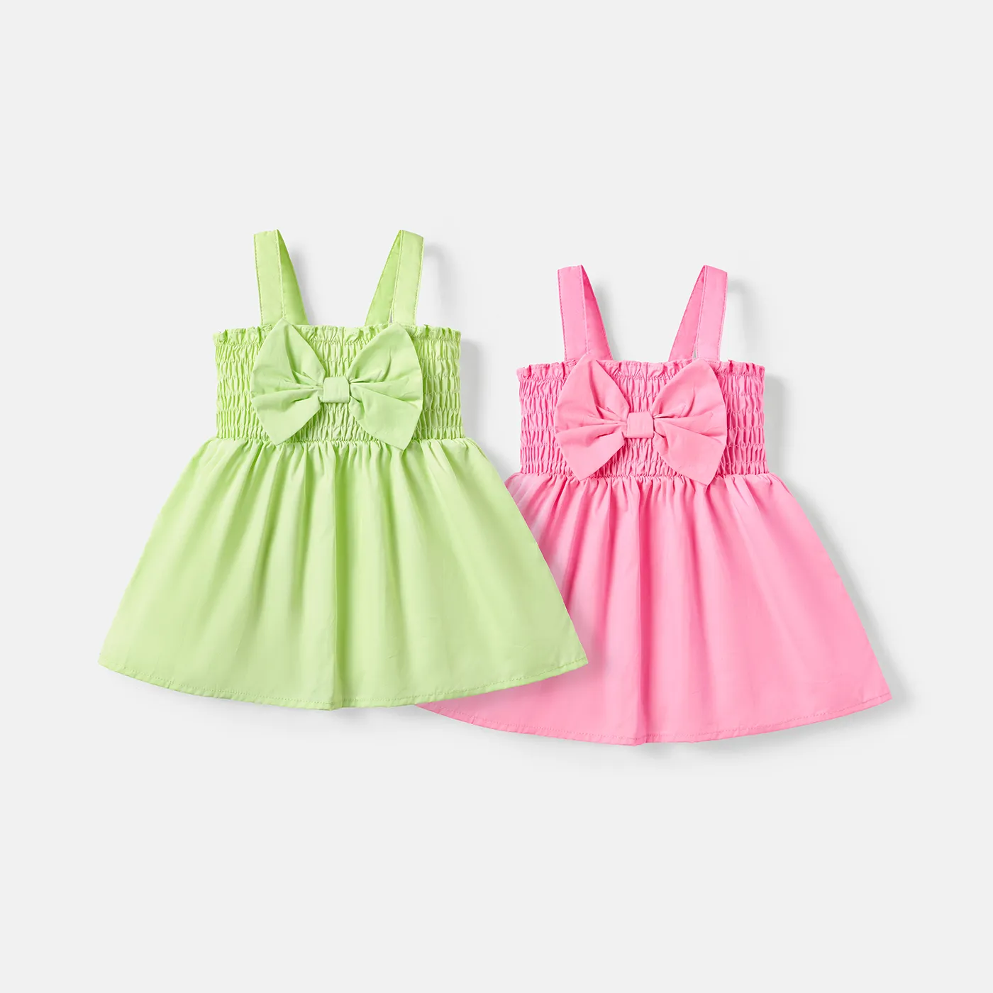 Baby Girl Solid Cotton Shirred Bow Front Tank Dress