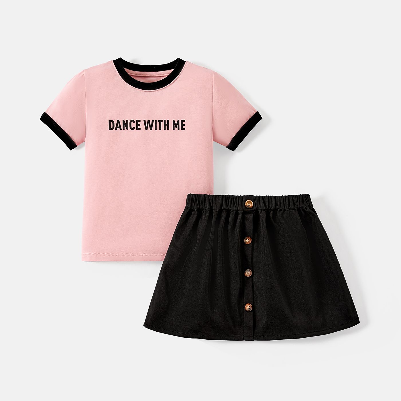 2pcs Toddler/Kid Girl Letter Print Short-sleeve Tee And Button Design Skirt Set