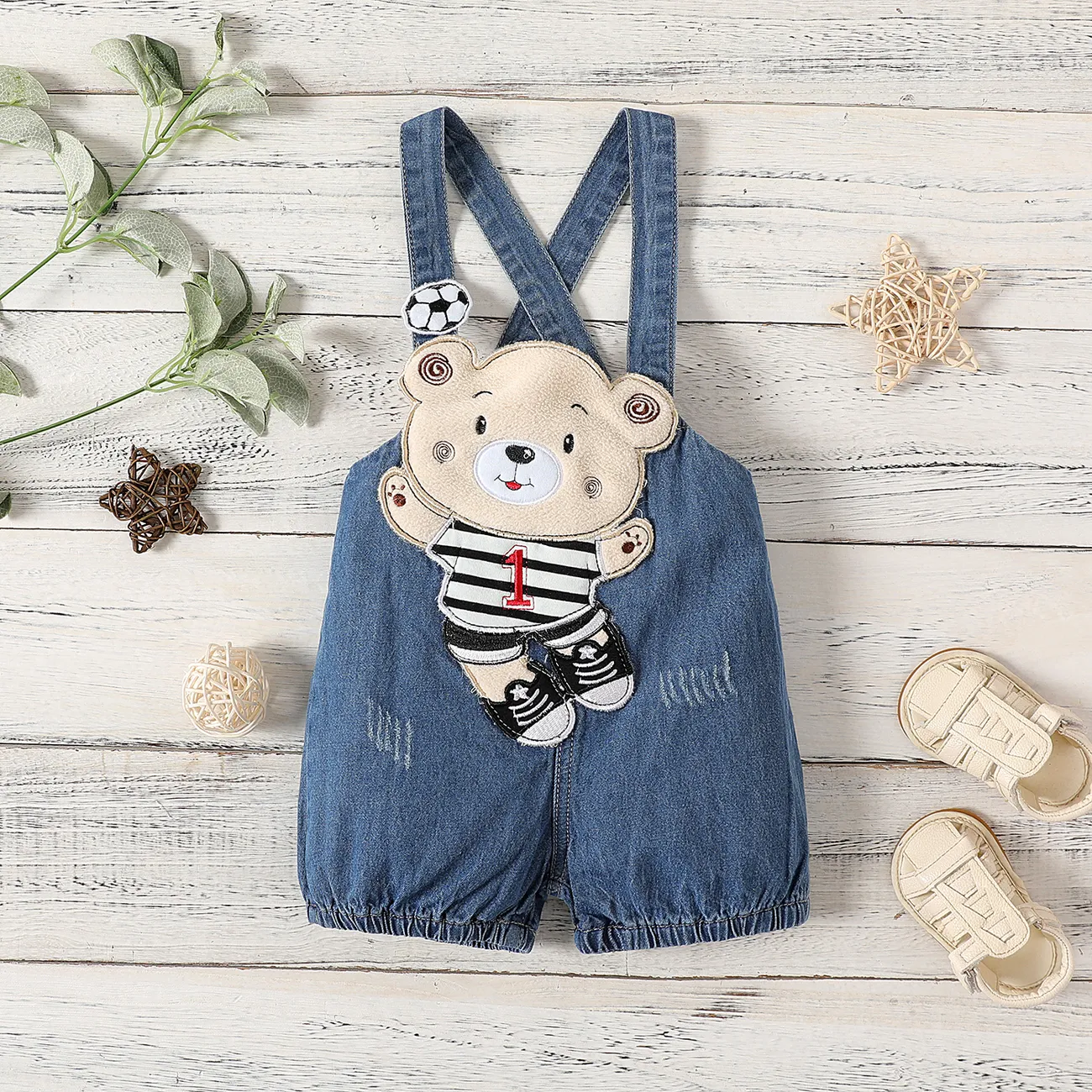 Baby Boy/Girl Bear Design Denim Overalls Shorts  big image 1
