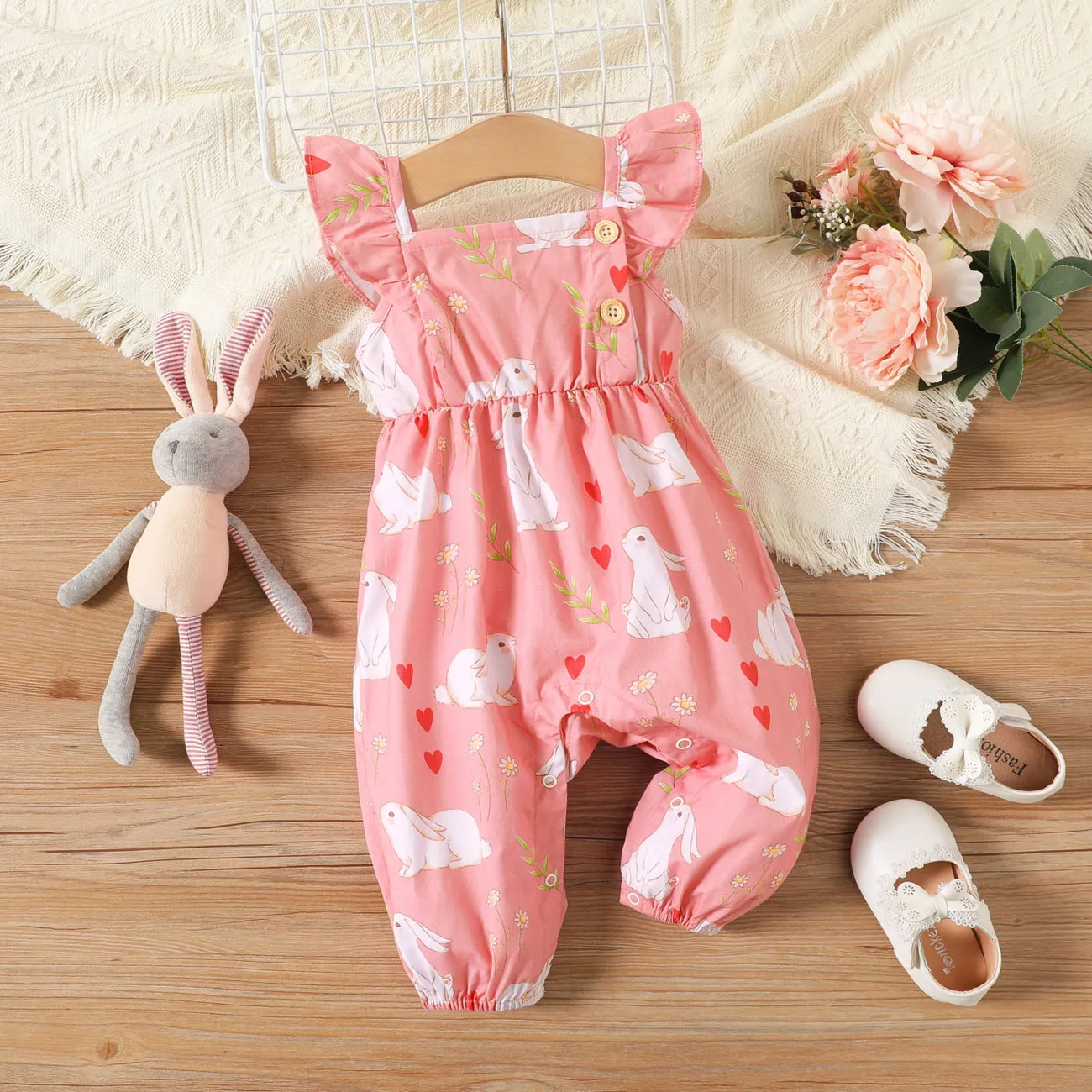 Baby Girl 100% Cotton Allover Rabbit Print Flutter-sleeve Jumpsuit  big image 1