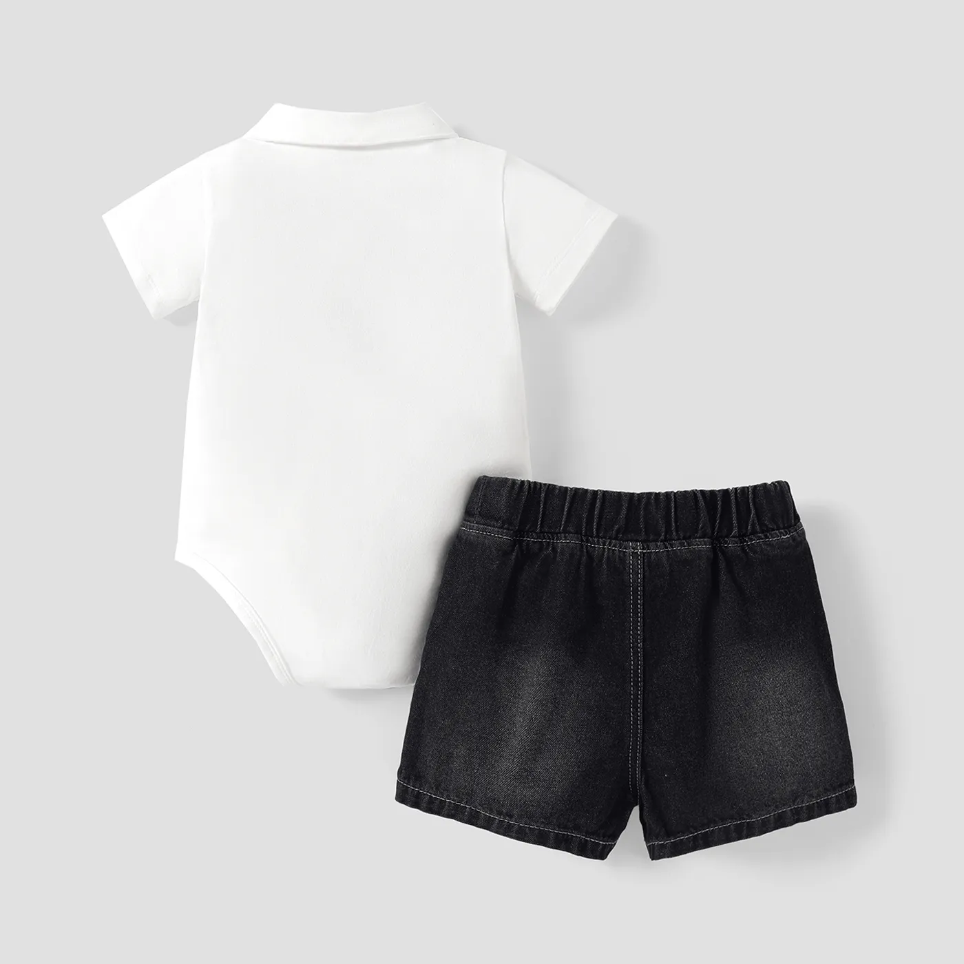 2pcs Baby Boy Cotton Letter Print Bow Tie Decor Polo Neck Short-sleeve Romper and Denim Shorts Set BlackandWhite image 2