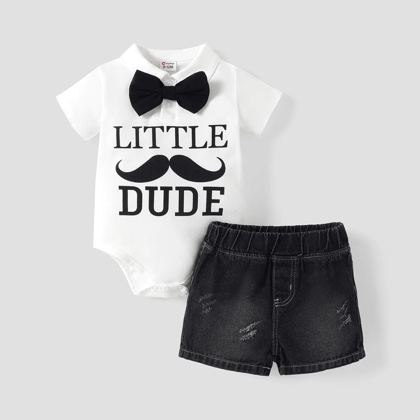 2pcs Baby Boy Cotton Letter Print Bow Tie Decor Polo Neck Short-sleeve Romper and Denim Shorts Set BlackandWhite big image 1