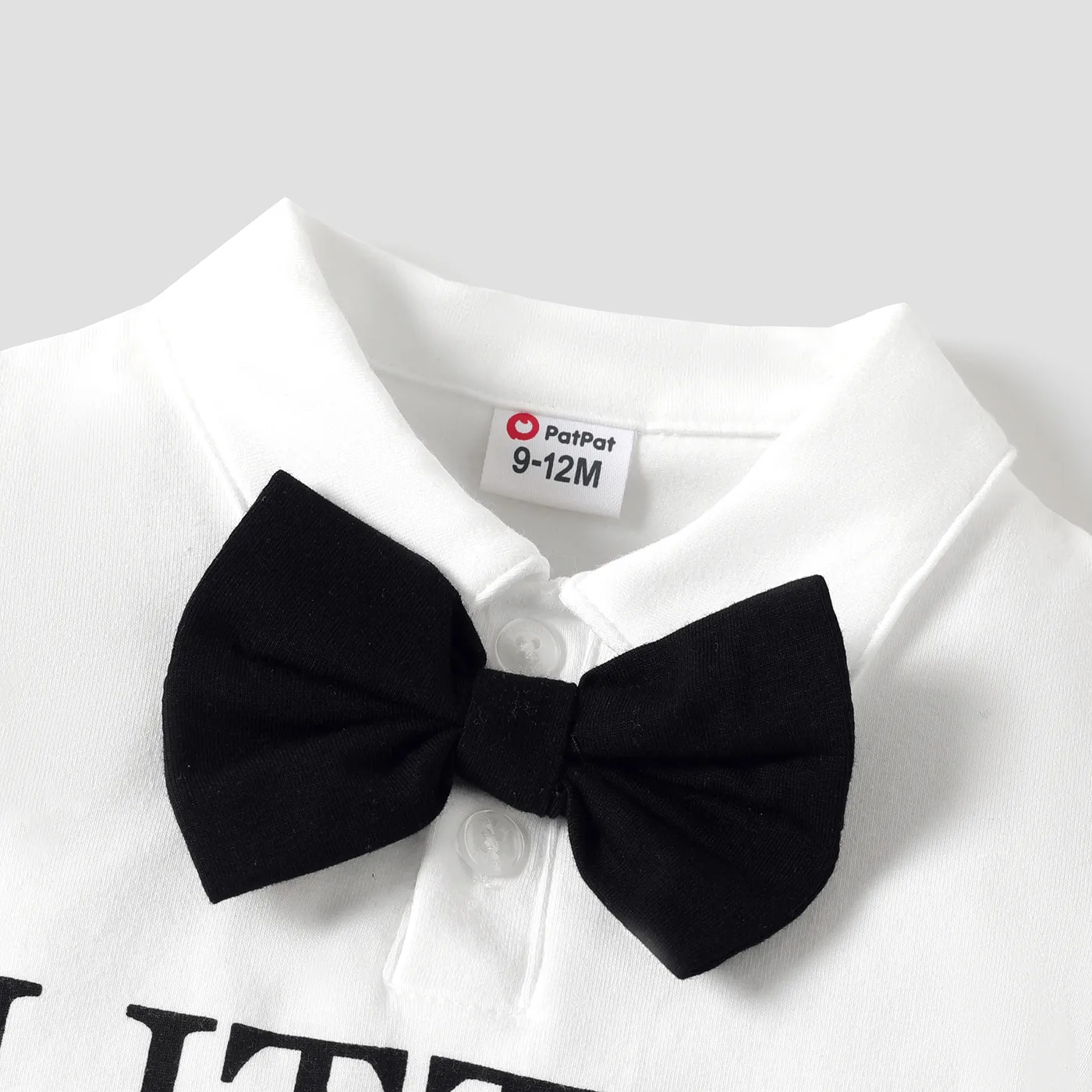 2pcs Baby Boy Cotton Letter Print Bow Tie Decor Polo Neck Short-sleeve Romper and Denim Shorts Set BlackandWhite image 3