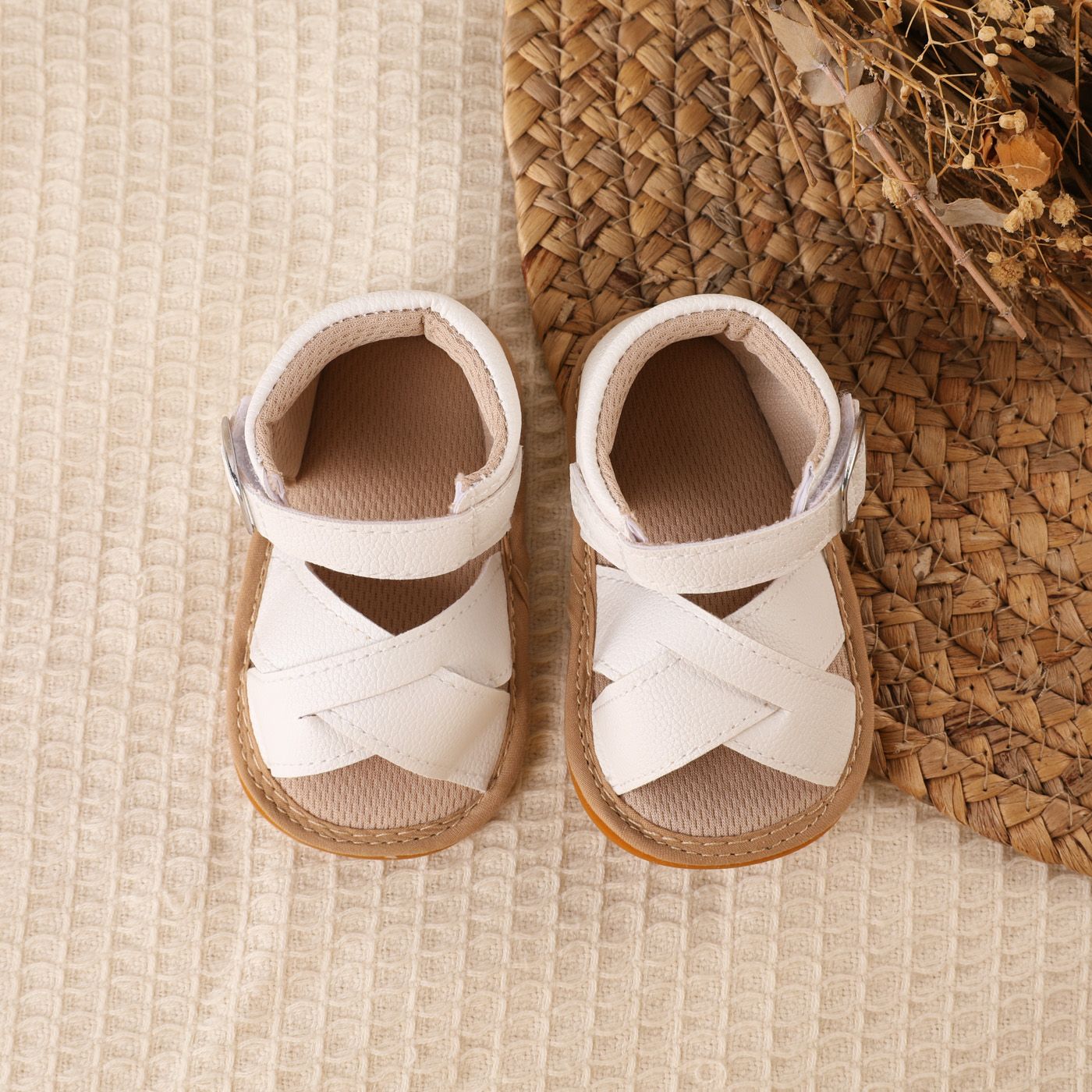 Leather Sandals with Touch-Fastener, for Baby Girls - white, Shoes