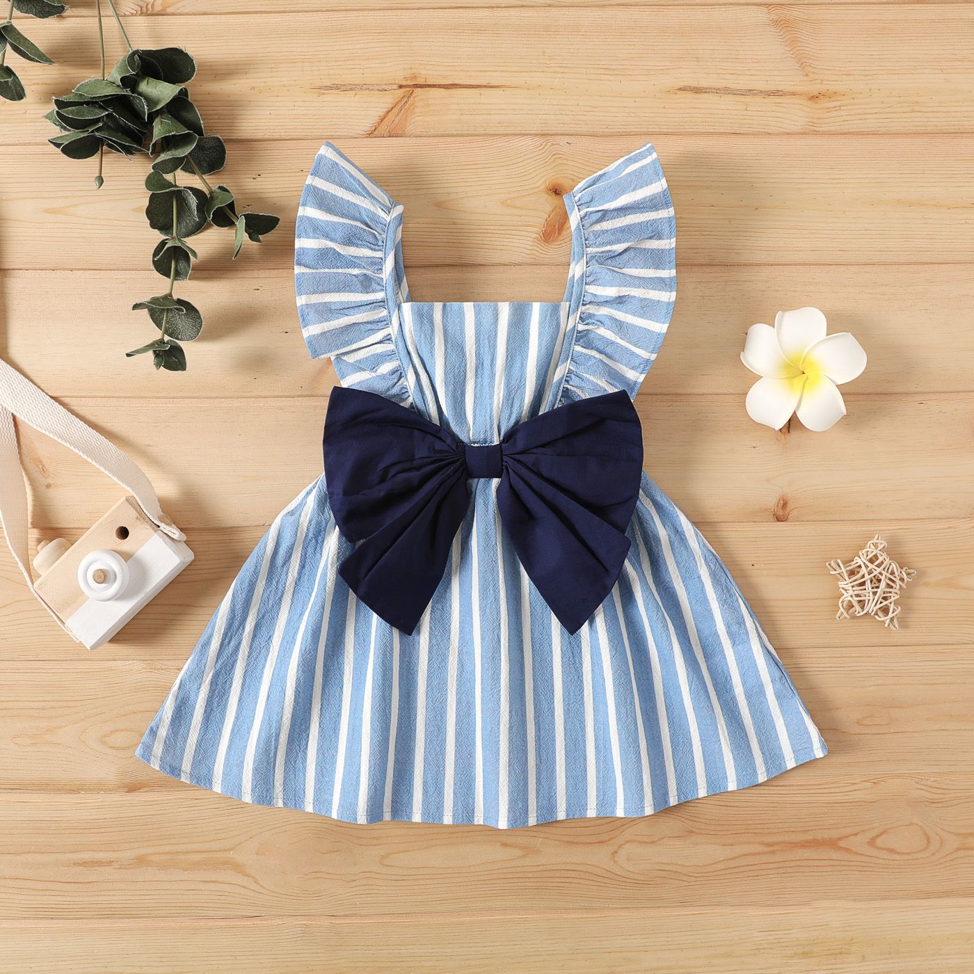 

Baby Girl 100% Cotton Contrast Bow Front Striped Ruffled Tank Dress