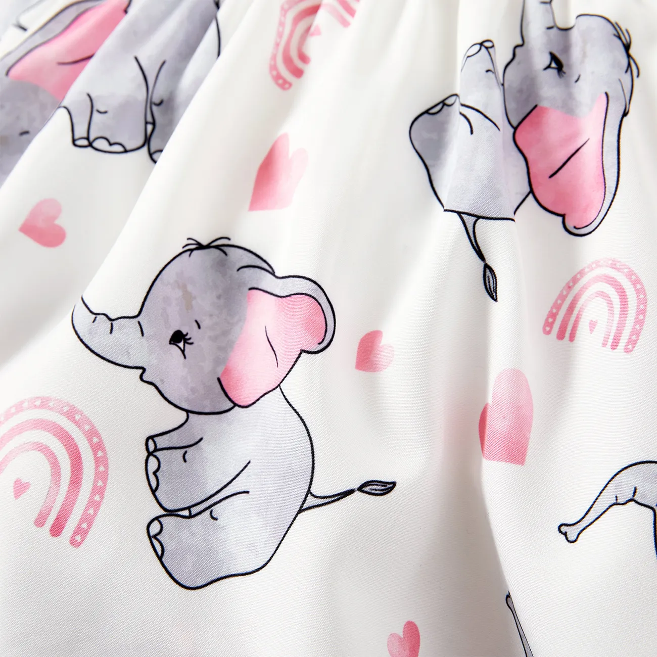 Baby/Toddler Girl Elephant Print Ribbed Splice Short-sleeve Dress PinkyWhite big image 1