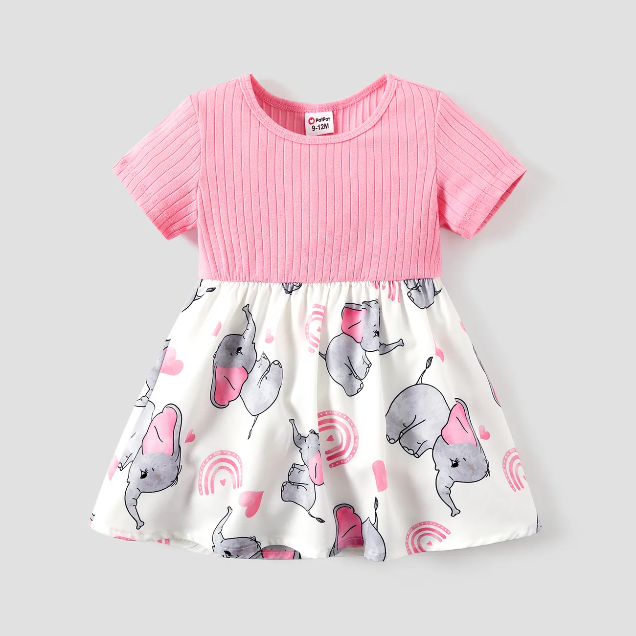 Baby/Toddler Girl Elephant Print Ribbed Splice Short-sleeve Dress PinkyWhite big image 1