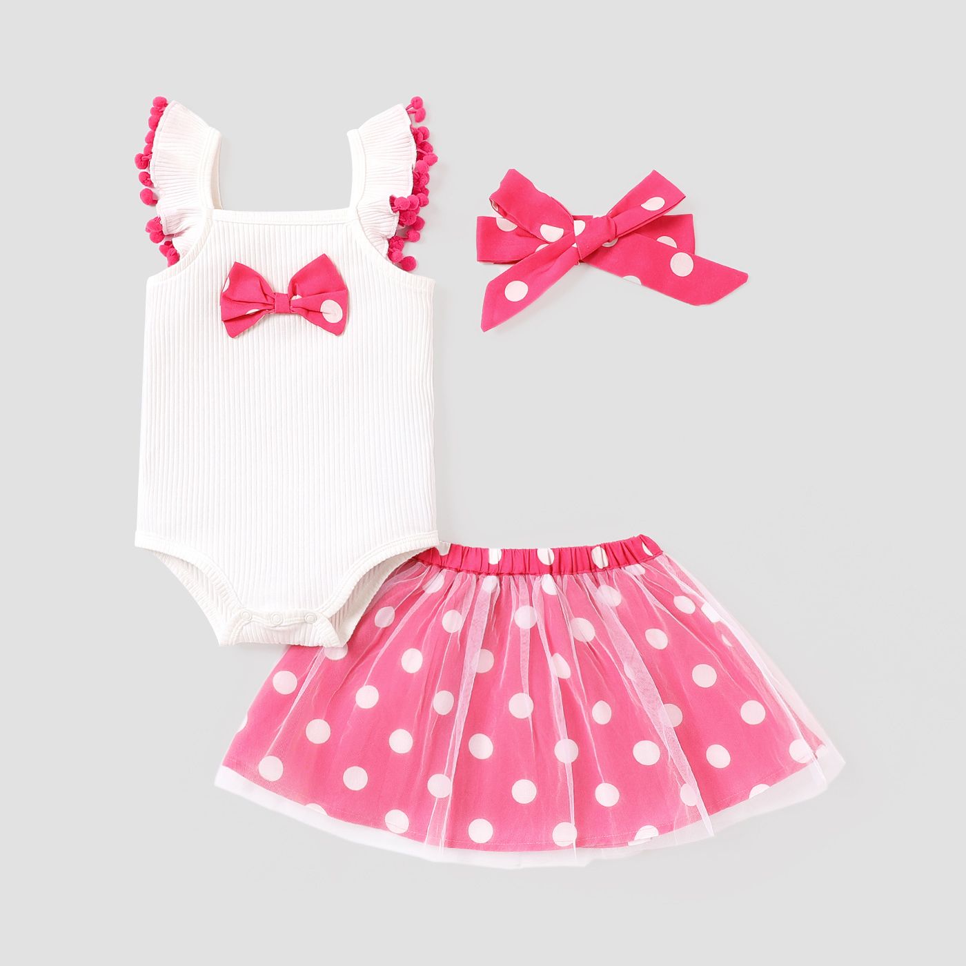 3pcs Baby Girl Flutter-sleeve Bowknot Design Romper & Polka dots Mesh Skirt and Headband Set