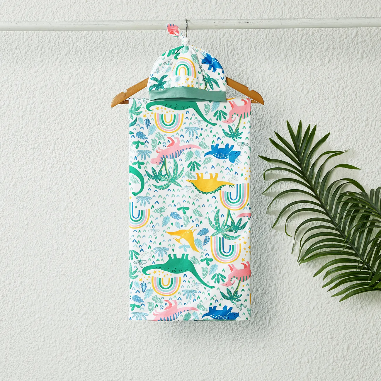 Family Matching Allover Colorful Dinosaur Print Belted Robe and Swaddle Blanket or Cotton Letter Graphic Short-sleeve Tee Sets Multi-color big image 1