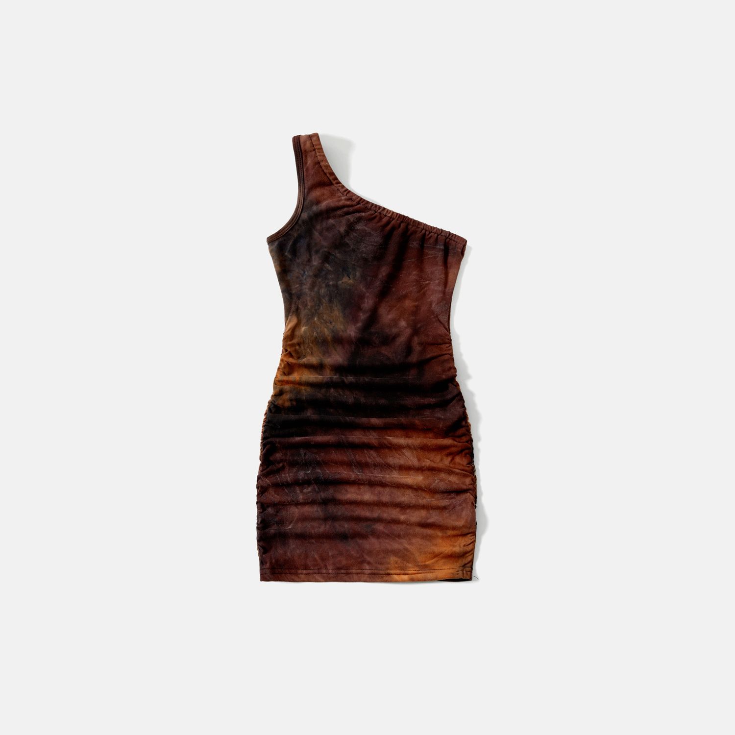 Mommy And Me 95% Cotton Brown Tie Dye One Shoulder Sleeveless Drawstring Ruched Bodycon Dresses