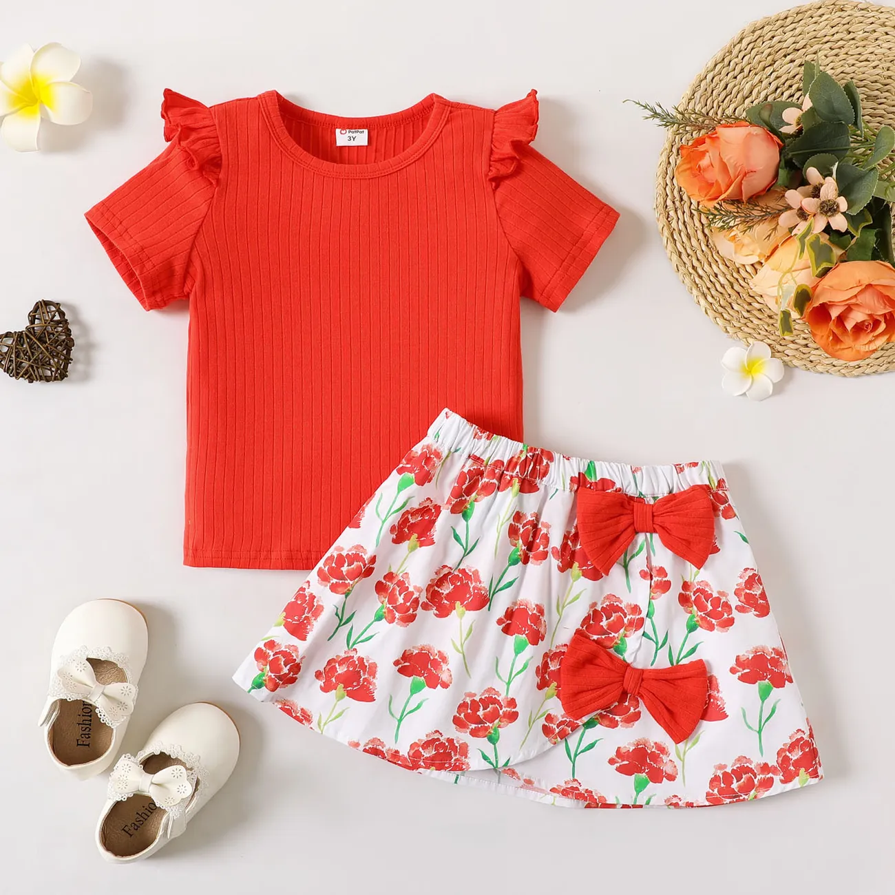 2pcs Toddler Girl Ruffled Short-sleeve Cotton Tee and Bowknot Design Floral Print Skirt Set  big image 1