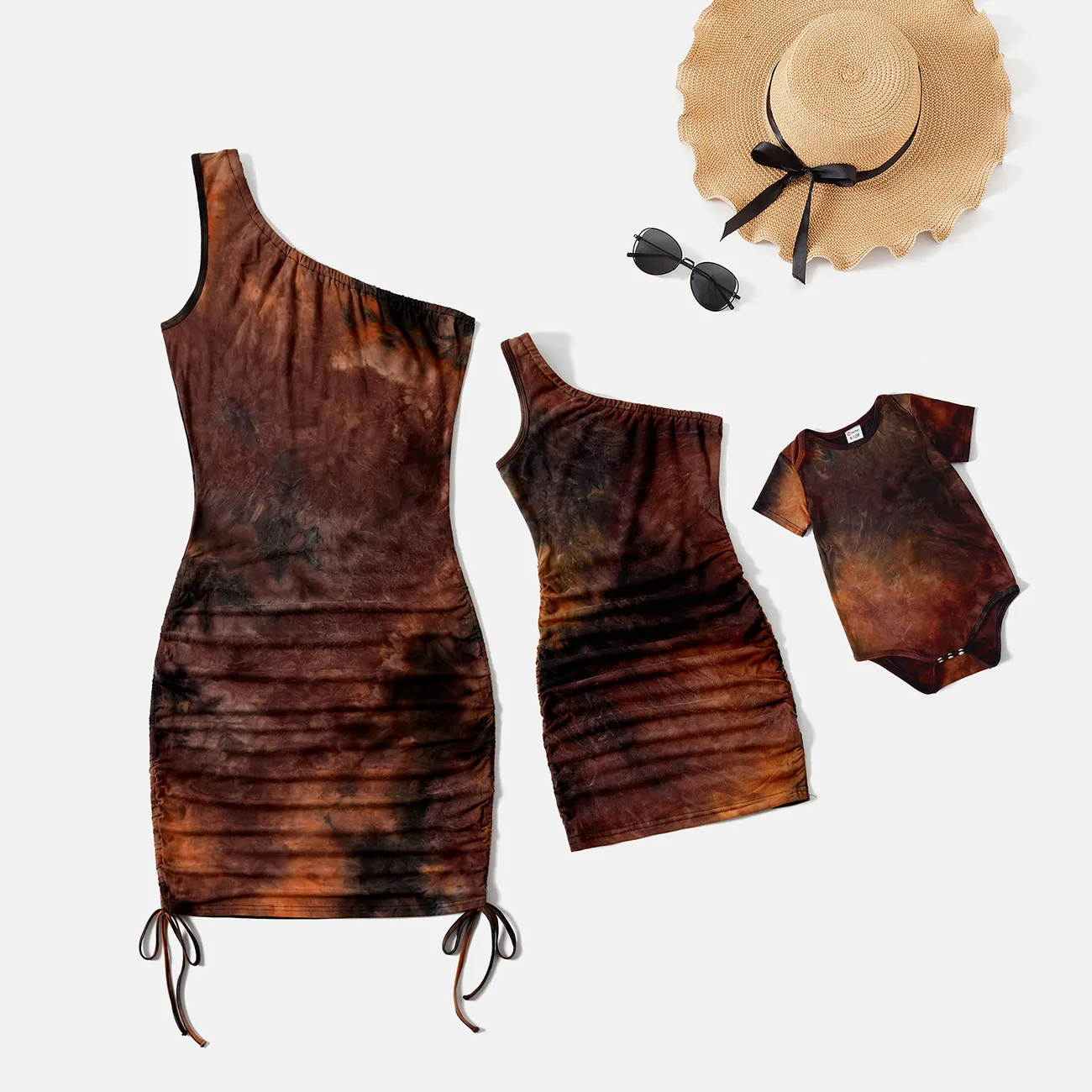 Mommy and Me 95% Cotton Brown Tie Dye One Shoulder Sleeveless Drawstring Ruched Bodycon Dresses Brown big image 1
