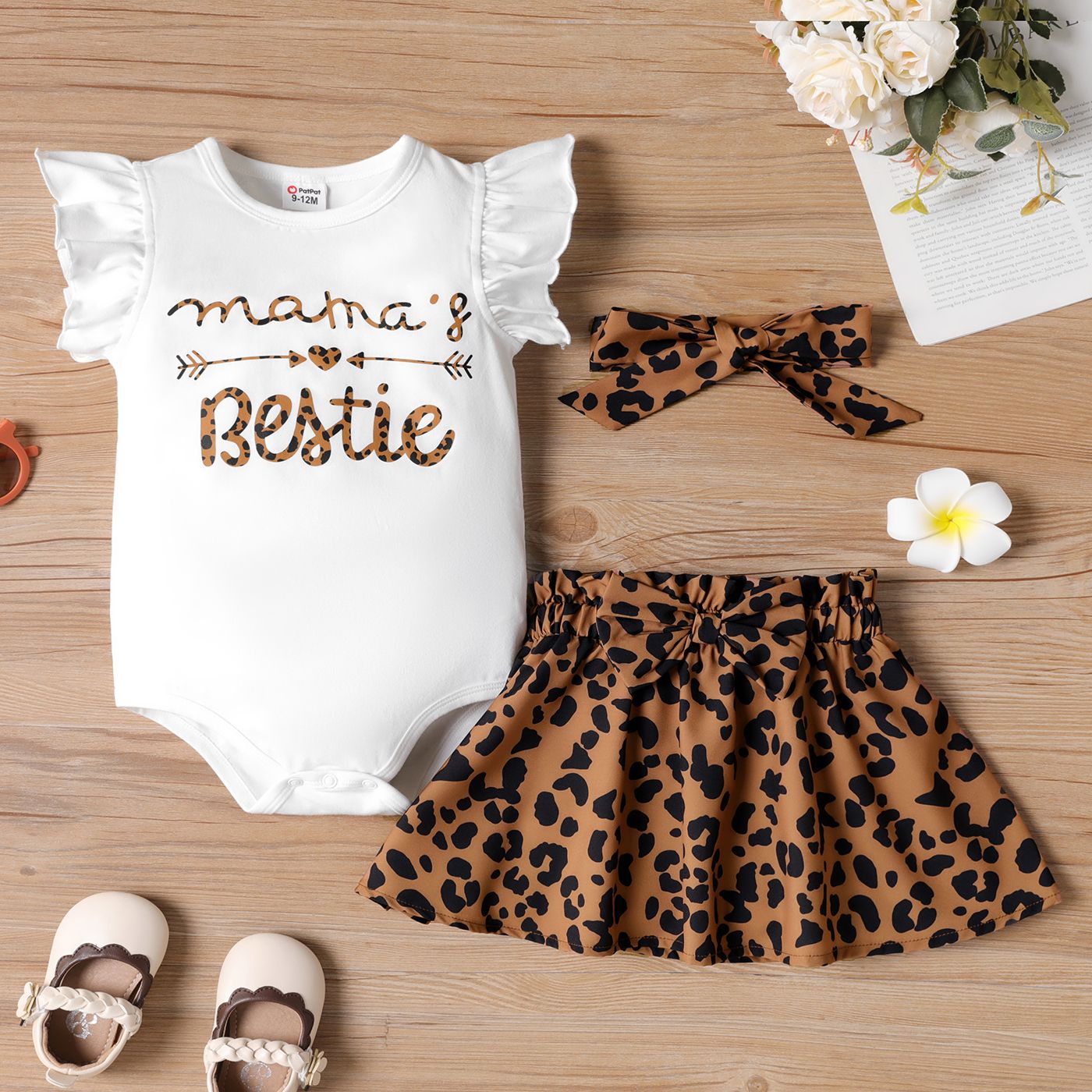 3pcs Baby Girl Cotton Flutter-sleeve Letter Graphic Romper And Leopard Print Bow Front Skirt & Headband Set