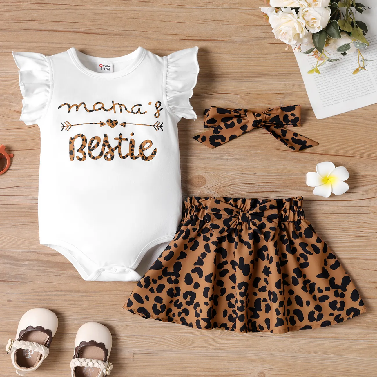 3pcs Baby Girl Cotton Flutter-sleeve Letter Graphic Romper and Leopard Print Bow Front Skirt & Headband Set Brown big image 1
