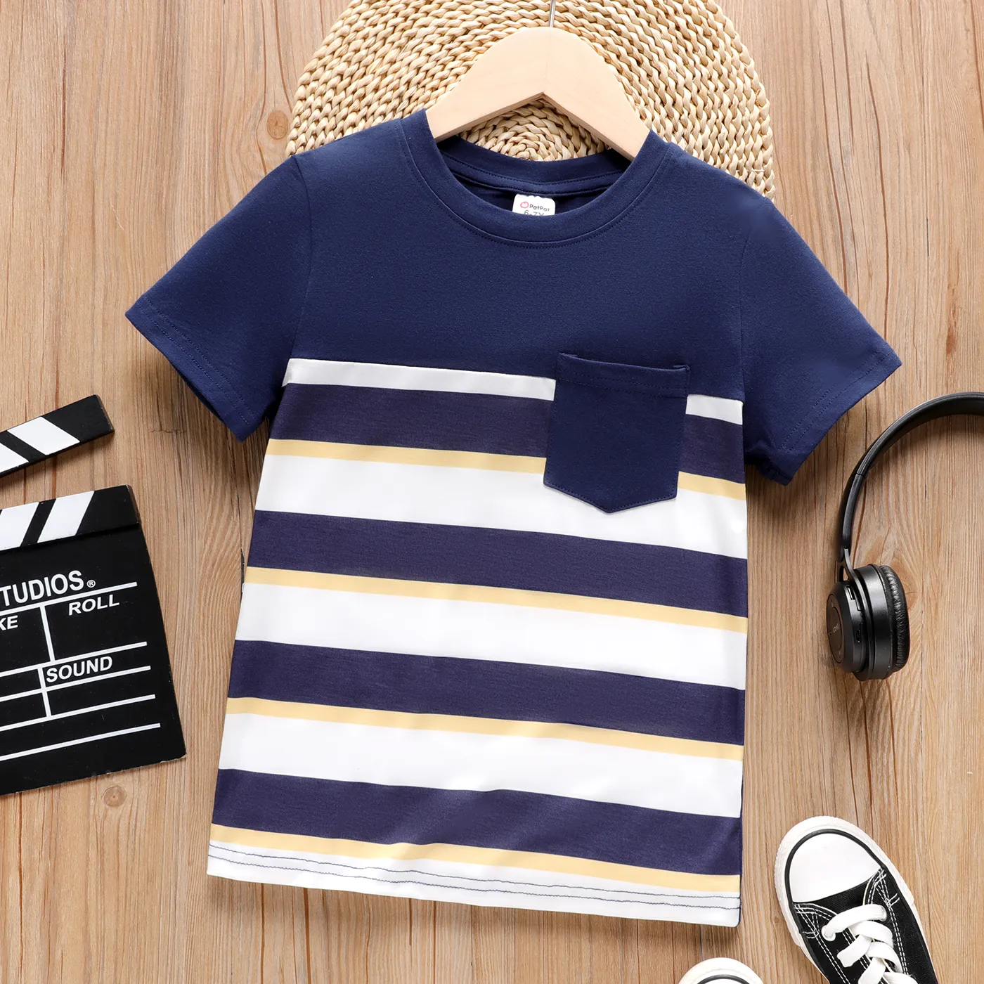 Naia Kid Boy Striped Panel Short-sleeve Patch Pocket Tee royalblue big image 1