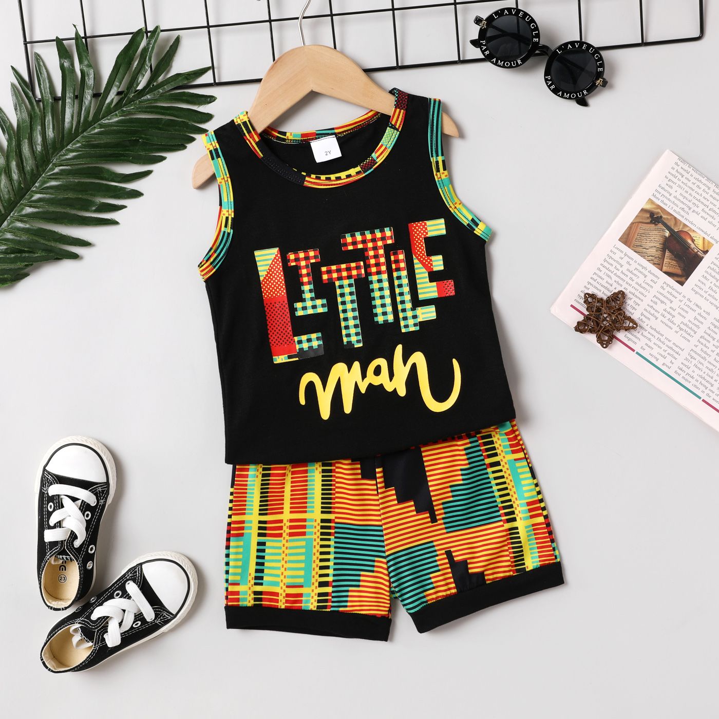

2pcs Toddler Boy Boho Letter Print Tank Top and Shorts Set