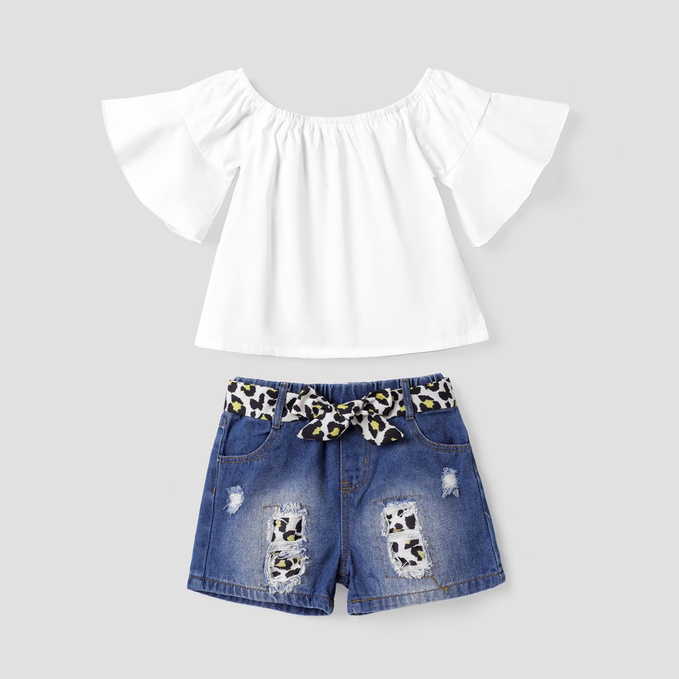 

3Pcs Toddler Girl 100% Cotton Flutter-sleeve Top and Leopard Ripped Belted Denim Shorts Set