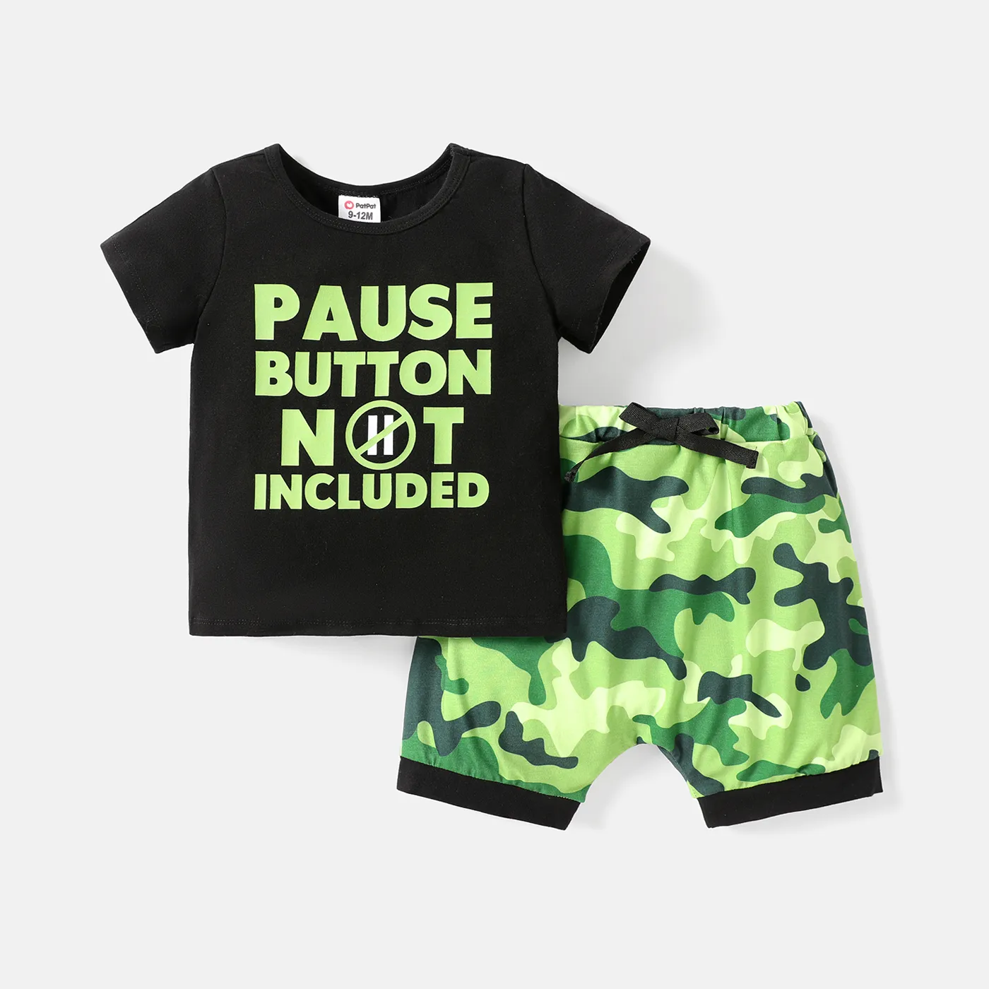 Naiatm 2pcs Baby Boy Cotton Letter Print Short-sleeve Tee and Camouflage Shorts Set