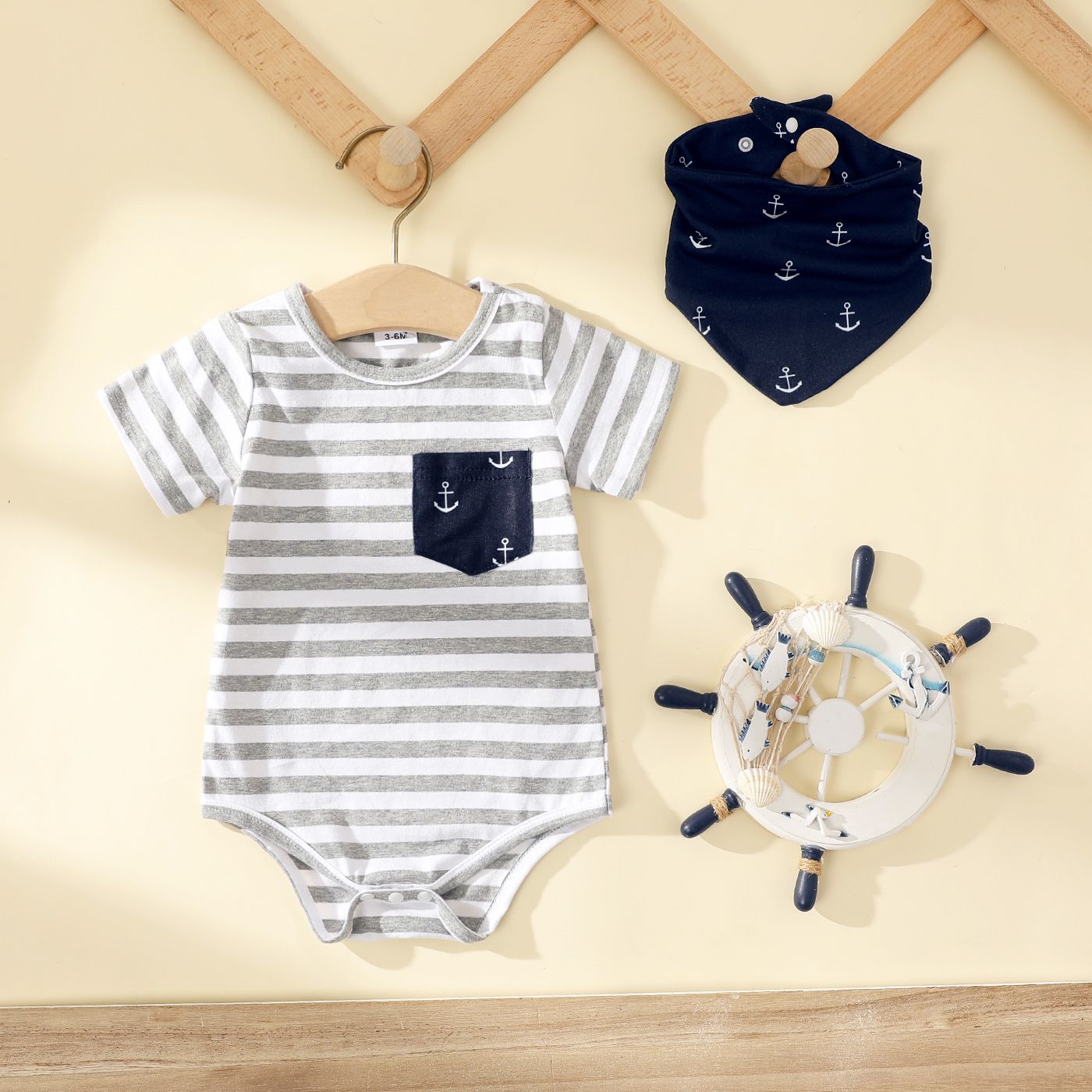 Baby Boy Anchor Graphic Striped Short-sleeve Romper & Bib Set