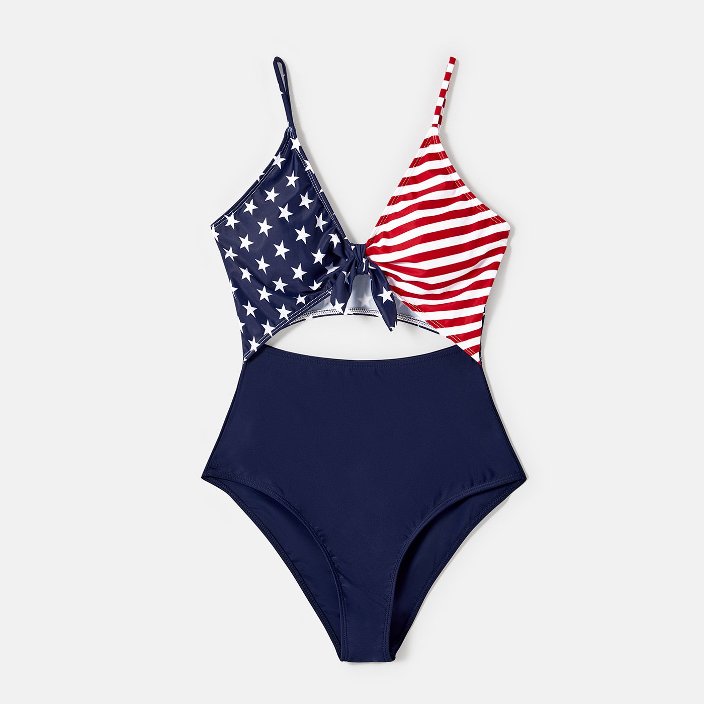 

Independence Day Family Matching Star & Striped Spliced Knot Front Cut Out One-piece Swimsuit or Swim Trunks Shorts