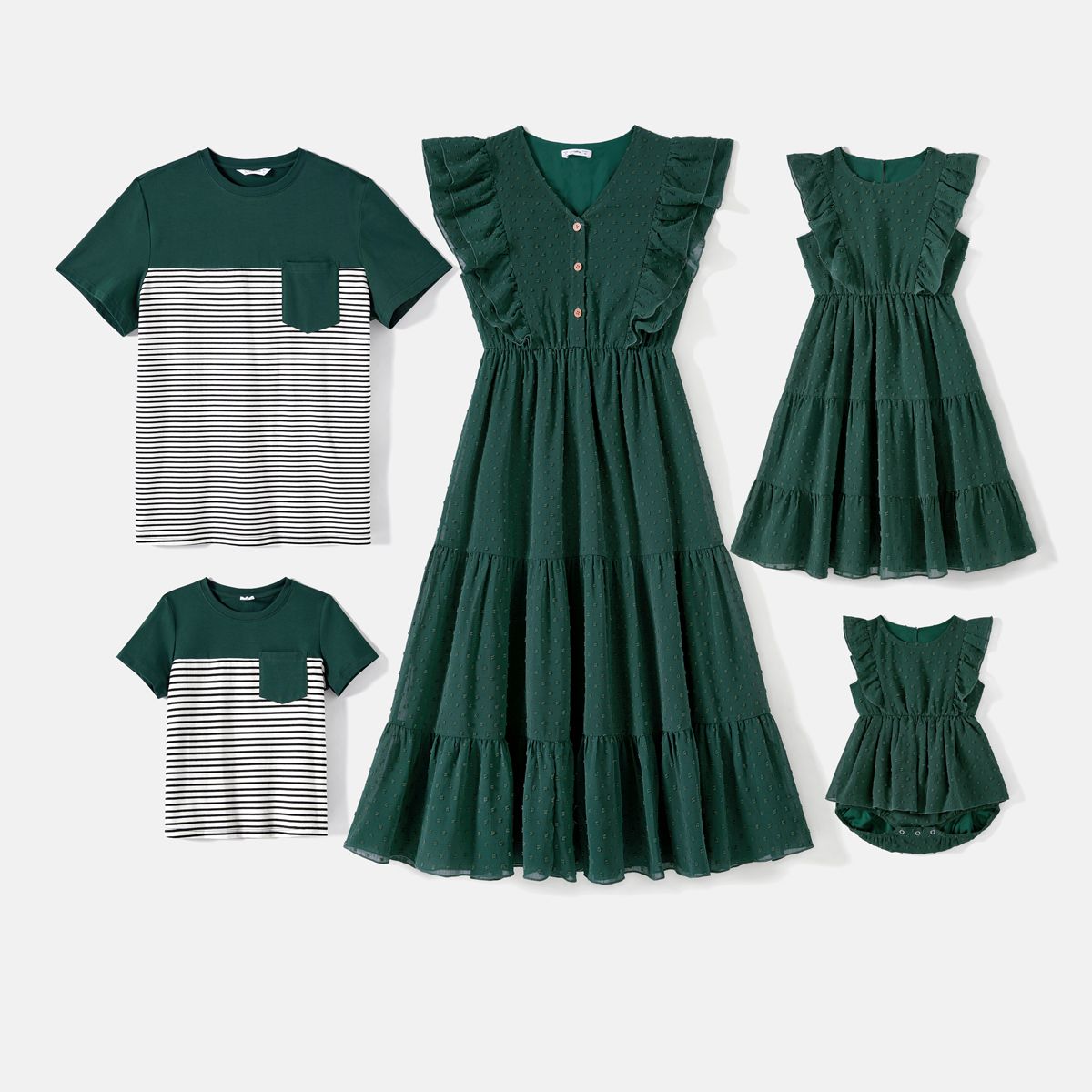 

Family Matching Swiss Dot Ruffled Dresses and Stripe Panel Short-sleeve T-shirts Sets