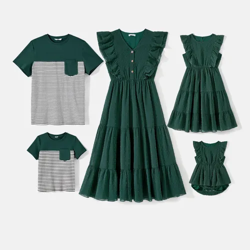 Family Matching Swiss Dot Ruffled Dresses and Stripe Panel Short-sleeve T-shirts Sets