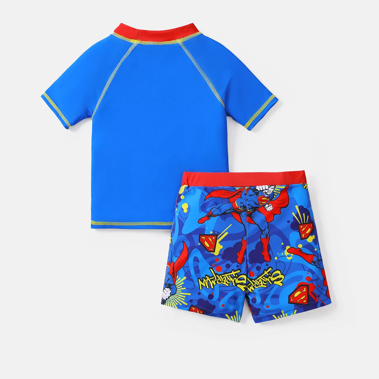 traje de baño de la liga de la justicia para niños pequeños de 2 piezas con top de manga corta y bañadores Azul big image 1