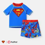 بدلة سباحة للأولاد الصغار من Justice league من قطعتين بأكمام قصيرة ولباس جذوع أزرق