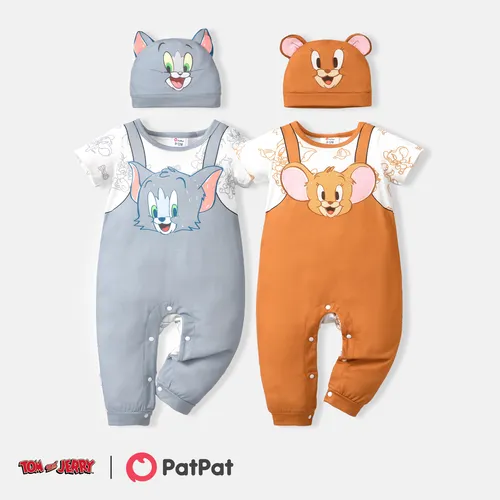 Tom and Jerry 2pcs Baby Boy Short-sleeve Graphic Jumpsuit and 3D Ear Hat Set