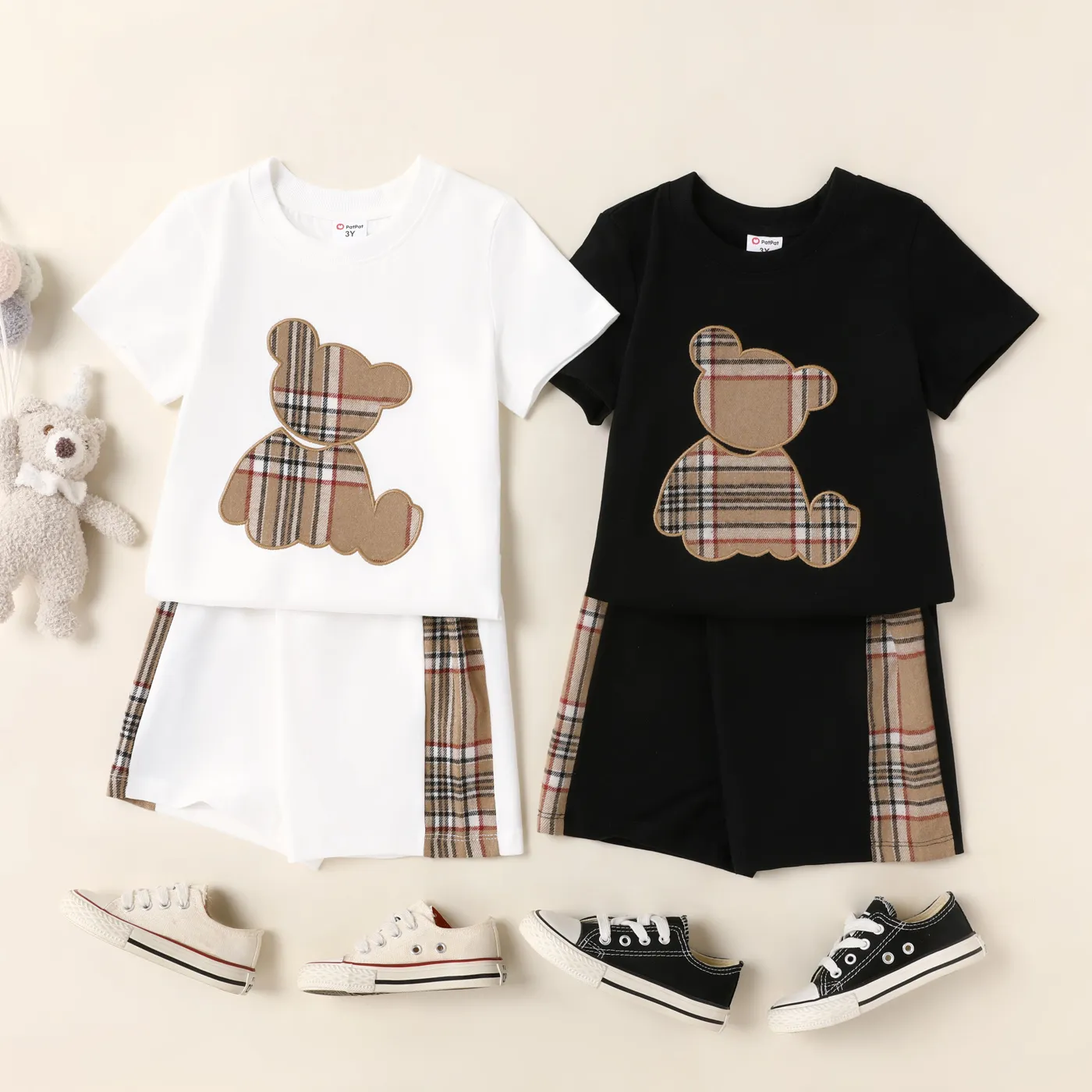 2pcs Toddler Boy Classic Plaid Splice Polo Shirt and Shorts Set