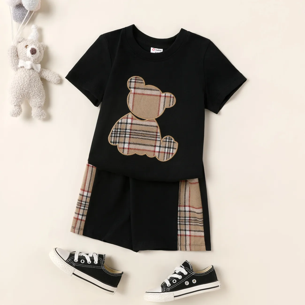 2pcs Toddler Boy Bear Embroidered Cotton Short-sleeve Tee and Plaid Splice Shorts Set Black big image 1