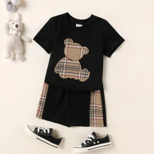 2pcs Toddler Boy Bear Embroidered Cotton Short-sleeve Tee and Plaid Splice Shorts Set