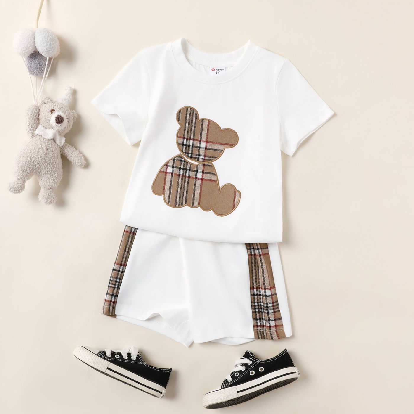 2pcs Toddler Boy Bear Embroidered Cotton Short-sleeve Tee And Plaid Splice Shorts Set